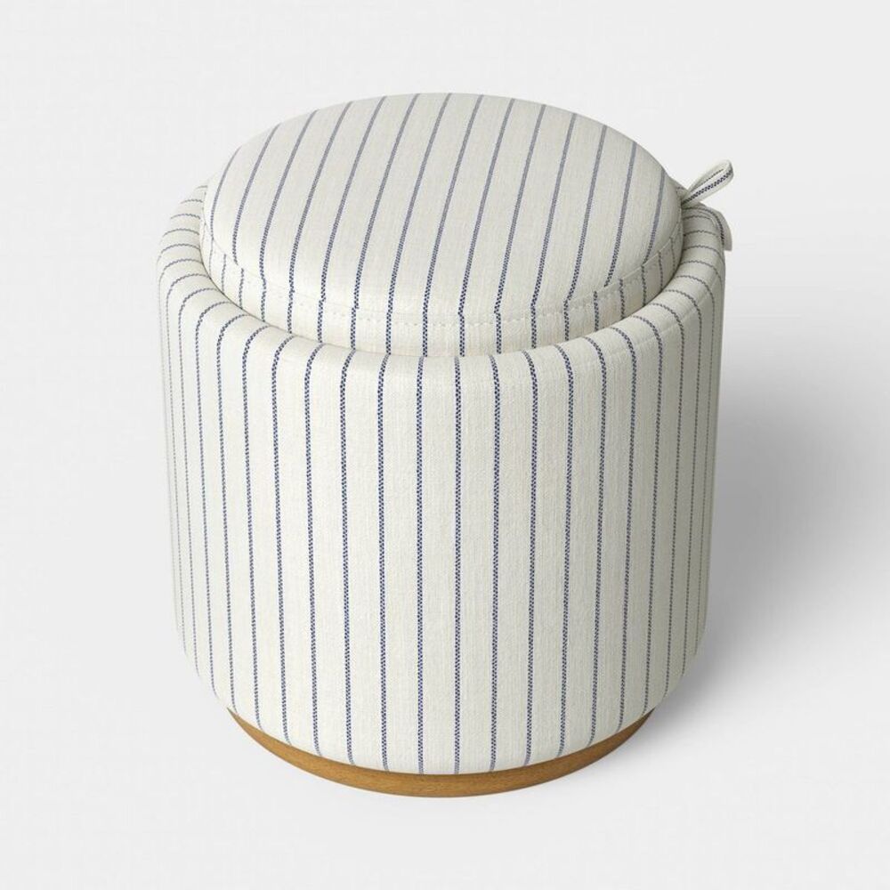 Dorm Round Upholstered Storage Ottoman Navy Stripes - Room Essentials